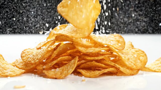 Golden crunchy potato chips falling slowly through the air and landing on a white surface with light salt particles scattering around them