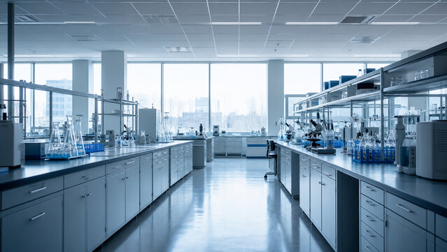 Generative AI image of a panoramic view of a modern empty research laboratory with long benches receding in a modern healthcare setting with professional clinical styling and commercial copy space.