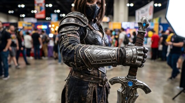 Female warrior dressed in detailed fantasy armor holding a large metal sword during a crowded comic book convention exhibition hall event