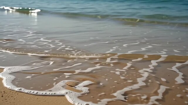 Golden sandy beach with deep footprints as turquoise ocean waves gently roll in and wash them away during a sunny summer day