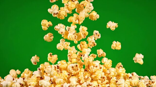 Golden butter popcorn kernels falling down in slow motion against a bright green screen background for video compositing