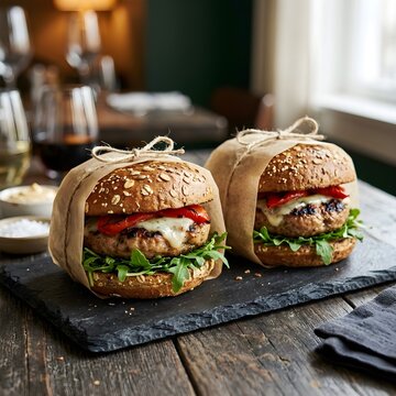 Two delicious gourmet cheeseburgers with red peppers wrapped in craft paper and tied with twine on a black slate platter