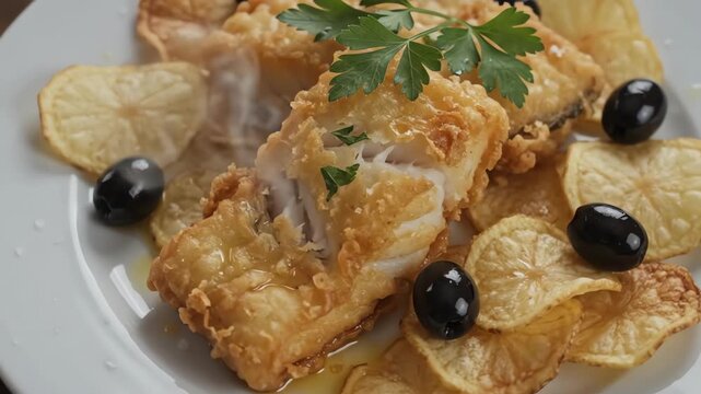 High angle view of traditional fried codfish served with golden potato chips and black olives on a white ceramic plate with steam rising