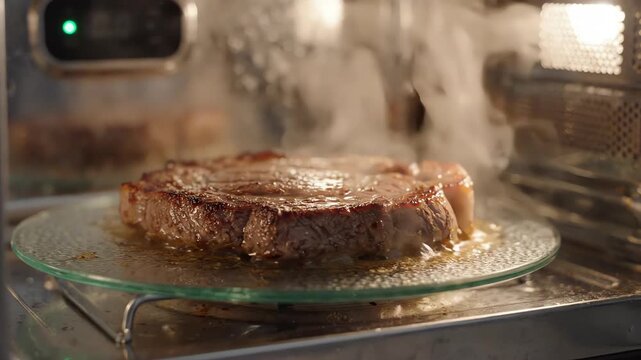 High tech smart microwave oven with digital sensor light cooking a thick juicy steak on rotating glass plate with steam rising