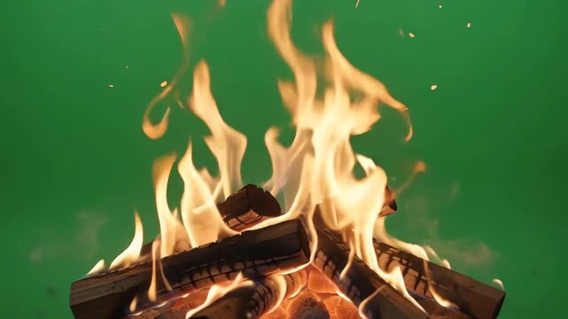 Intense campfire flames flickering and burning brightly against a solid chroma key green background with sparks flying upwards