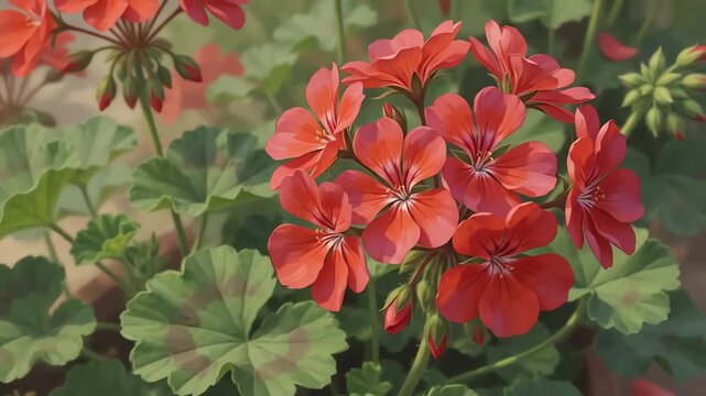 Impressionistic digital painting of vibrant red geraniums from a top down perspective with fluid brushstrokes and gentle movement