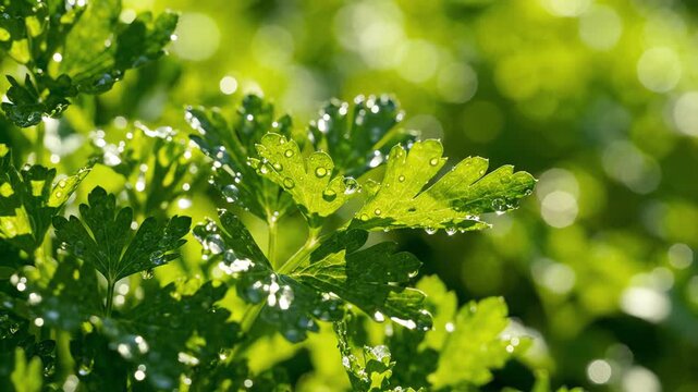 Macro shot of fresh organic green parsley leaves swaying gently in the wind creating a vibrant herbal background texture