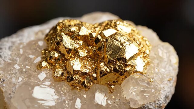Macro shot of a raw gold nugget embedded in quartz rock rotating slowly under soft lighting to reveal sparkling crystalline texture