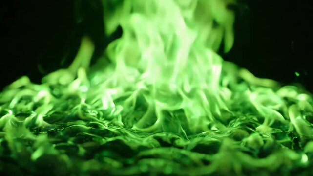 Macro shot of mesmerizing green flames flickering across a dark black background with abstract liquid motion and emerald glowing textures