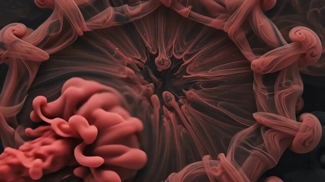 Macro view of deep red and black fluid ink swirling in slow motion to create a majestic cosmic nebula effect with organic cloud patterns
