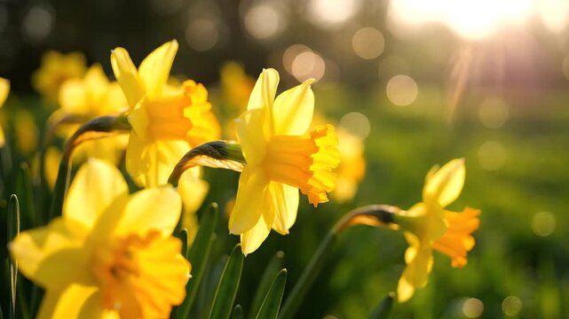 Macro view of vibrant yellow blooming daffodils swaying in a lush green field under bright spring sunshine with soft golden bokeh