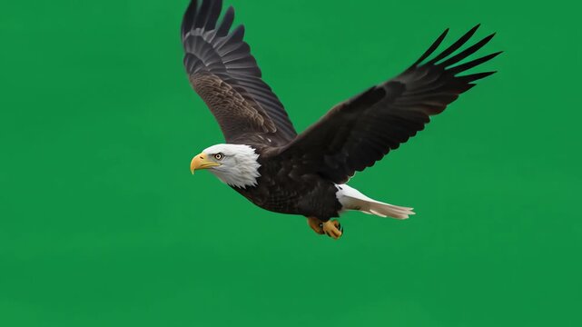 Majestic bald eagle soaring and flapping wings against a solid chroma key green screen background for video compositing