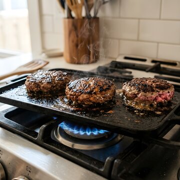 Three juicy hamburger patties sizzle and steam on a cast iron griddle on a gas stove