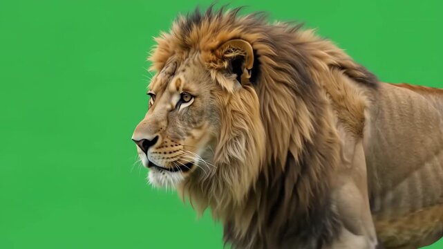 Majestic male lion walking slowly on a bright green background for chroma key compositing with realistic muscle movement and flowing mane