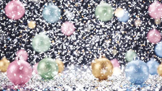 Magical sparkling diamond glitter background with soft pastel holiday bokeh and shimmering snowfall effect moving across the screen