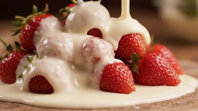 Melted white chocolate pouring slowly over fresh ripe strawberries in a cinematic close-up shot with creamy textures