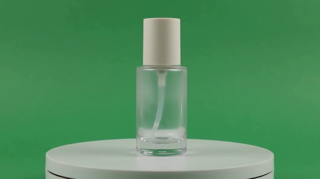 Minimalist cosmetic glass bottle rotating on a platform against a bright green screen background for digital mockup integration
