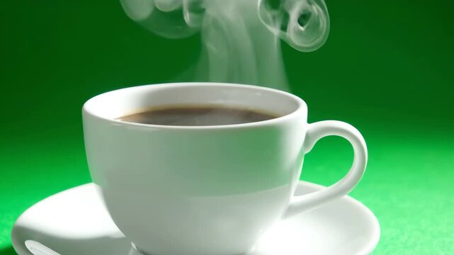 Minimalist white ceramic coffee cup with swirling steam rising against a vibrant green screen background for easy compositing