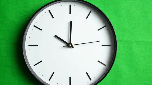 Minimalist round wall clock with simple line markers and moving hands over a bright green screen for chroma key compositing