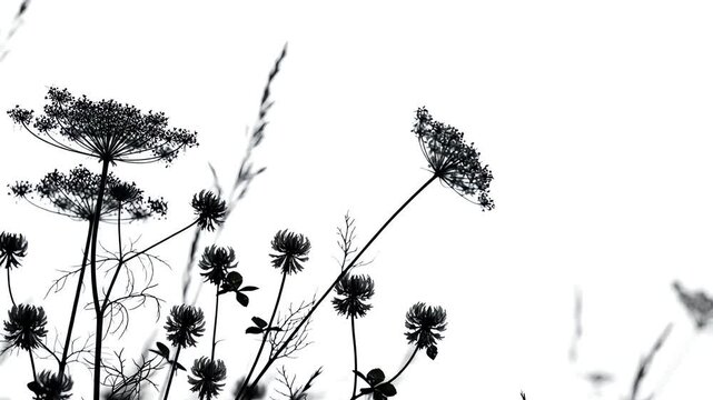 Minimalist silhouette of delicate wild herbs and meadow flowers swaying gently against a bright white background in a soft breeze