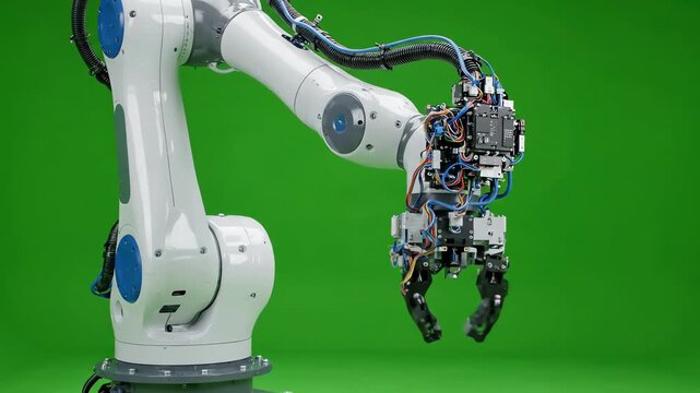 Modern industrial robotic arm performing precision movements and rotation sequences against a seamless chroma key green screen background