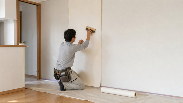 住宅の室内で壁紙を張り替える日本人のリフォーム作業員