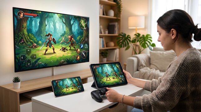 Dedicated female gamer playing fantasy role playing games across multiple digital devices including large television tablet and mobile phone screens