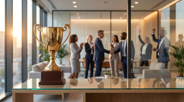 Large gold trophy cup, metallic winner cup on glass desk surface, standing displayed with team cheering, modern corporate office, business achievement photography