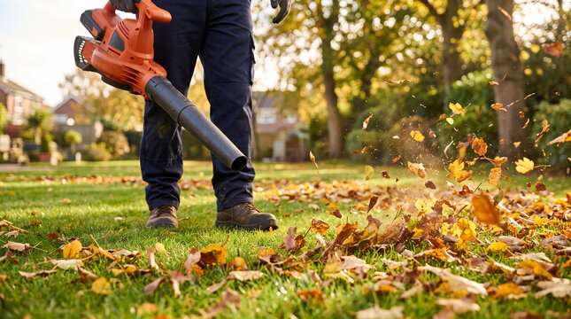 Landscaper using orange leaf blower, dry autumn leaves flying in air stream, clearing fallen foliage on grass, residential garden lawn, lawn care photography