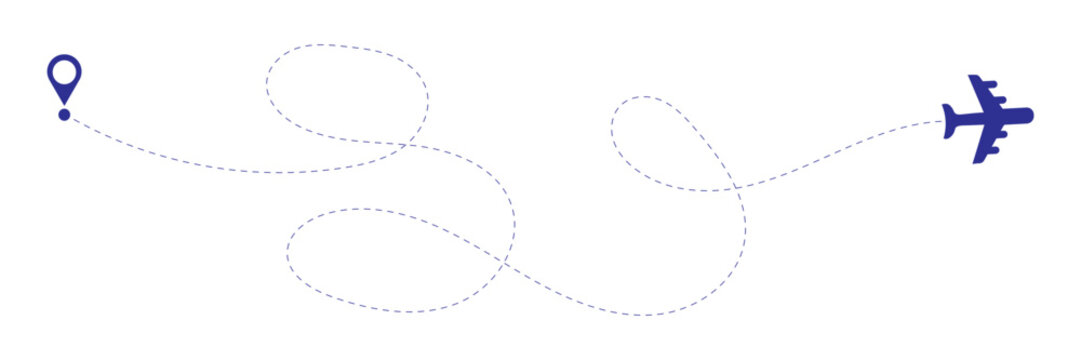 The flight path of the aircraft from the point of location along the dotted line. Aircraft tracking, planes, travel, map pins, location pins. Vector illustration eps 10.