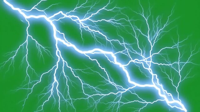 Powerful electric lightning bolt striking across a bright green screen background for visual effects compositing