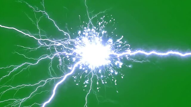 Powerful realistic electric lightning bolt striking and flashing across a bright green screen background for visual effects compositing