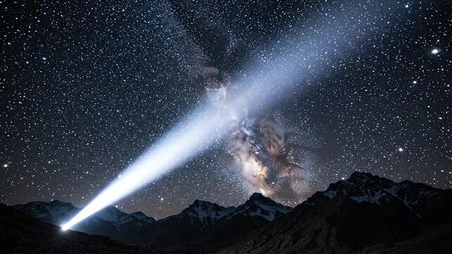 Powerful searchlight beam cutting through a dark night sky filled with millions of stars and constellations over a remote mountain landscape
