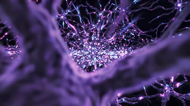 Pulsating organic light beams flowing through a complex network of glowing neural connections in a seamless looping abstract science background