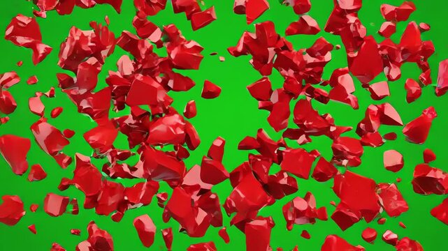Red stylized heart cracking and shattering into many small pieces on a professional chroma key green screen background