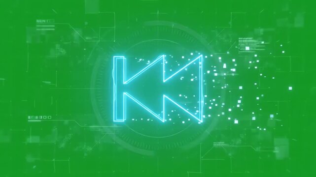 Rewind button symbol icon animation on a bright green screen background with glowing neon effects and digital motion graphics