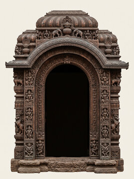 Carved South Indian stone temple doorway with ornate pillars, stepped crown and deep recessed entrance