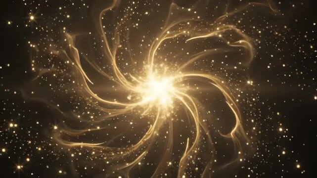Shimmering golden particles gracefully coalescing into a glowing orb within a dark abstract void featuring seamless looping motion and sophisticated glitter effects