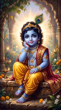 Little krishna sitting in temple with yellow dhoti and silk drapery.