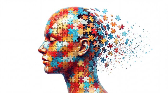 Human head shaped from colorful jigsaw puzzle pieces disintegrating into particles floating on white background