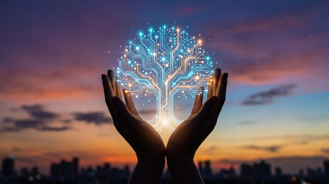Hands holding glowing digital brain made of circuit board lines over city skyline at sunset, symbolizing smart city, artificial intelligence, machine learning and technological
