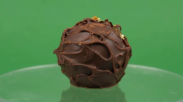Smooth 360 degree rotation of a gourmet dark chocolate truffle on a bright green screen background for easy chroma key editing