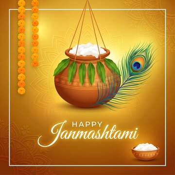 Traditional dahi handi pot with peacock feather for happy janmashtami art.