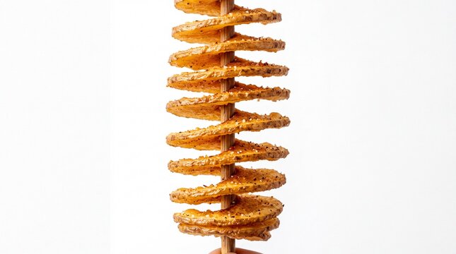 Crispy golden spiral potato skewer seasoned with savory spices and salt isolated on white background