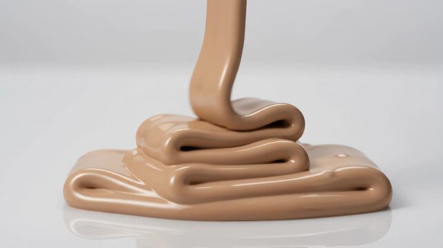 Thick creamy liquid foundation pouring in a smooth curved stream against a clean white background with elegant fluid motion