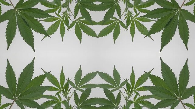 Symmetrical mirror reflection of isolated green cannabis leaves framing the top and bottom of a white background with gentle motion