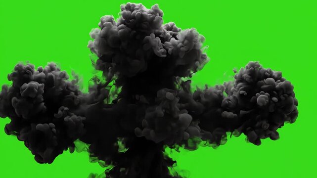 Thick black smoke billowing and swirling upwards against a solid green screen for chroma key compositing