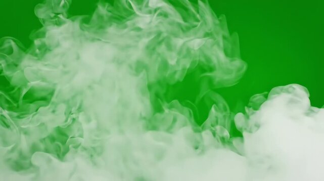 Thick white fog and ethereal mist swirling slowly across a bright green screen background for video editing overlay