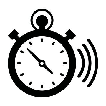 Black stopwatch icon with sound waves symbolizing alarm, time, measurement and timing concept