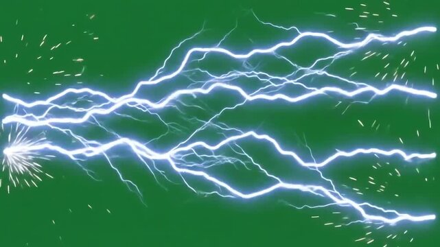 Vibrant electric shock sparks and lightning bolts flickering across a bright green screen for visual effects compositing